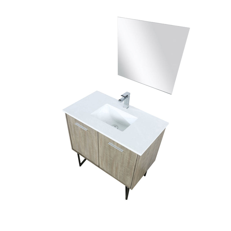 Lexora Lancy 36" Rustic Acacia Bathroom Vanity, White Quartz Top, White Square Sink, Labaro Brushed Nickel Faucet Set, and 28" Frameless Mirror LLC36SKSOSM28FBN