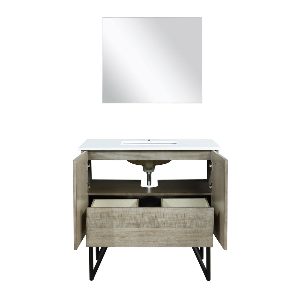 Lexora Lancy 36" Rustic Acacia Bathroom Vanity, White Quartz Top, White Square Sink, and 28" Frameless Mirro LLC36SKSOSM28 - MyBBQDirect