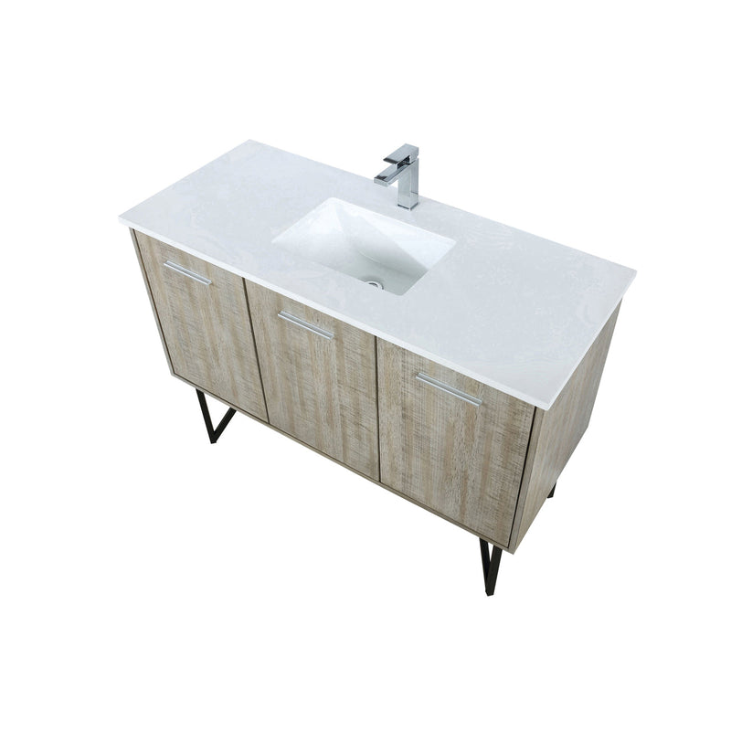 Lexora Lancy 48" Rustic Acacia Bathroom Vanity, White Quartz Top, White Square Sink, and Labaro Brushed Nickel Faucet Set LLC48SKSOS000FBN