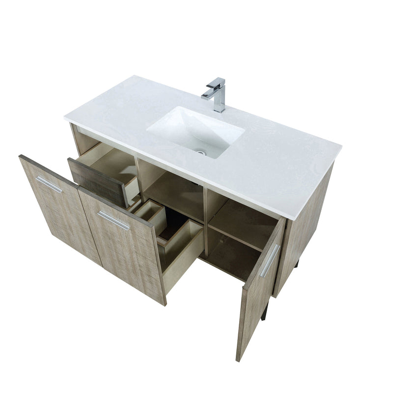 Lexora Lancy 48" Rustic Acacia Bathroom Vanity, White Quartz Top, White Square Sink, and Labaro Rose Gold Faucet Set LLC48SKSOS000FRG