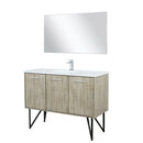 Lexora Lancy 48" Rustic Acacia Bathroom Vanity, White Quartz Top, White Square Sink, Labaro Brushed Nickel Faucet Set, and 43" Frameless Mirror LLC48SKSOSM43FBN