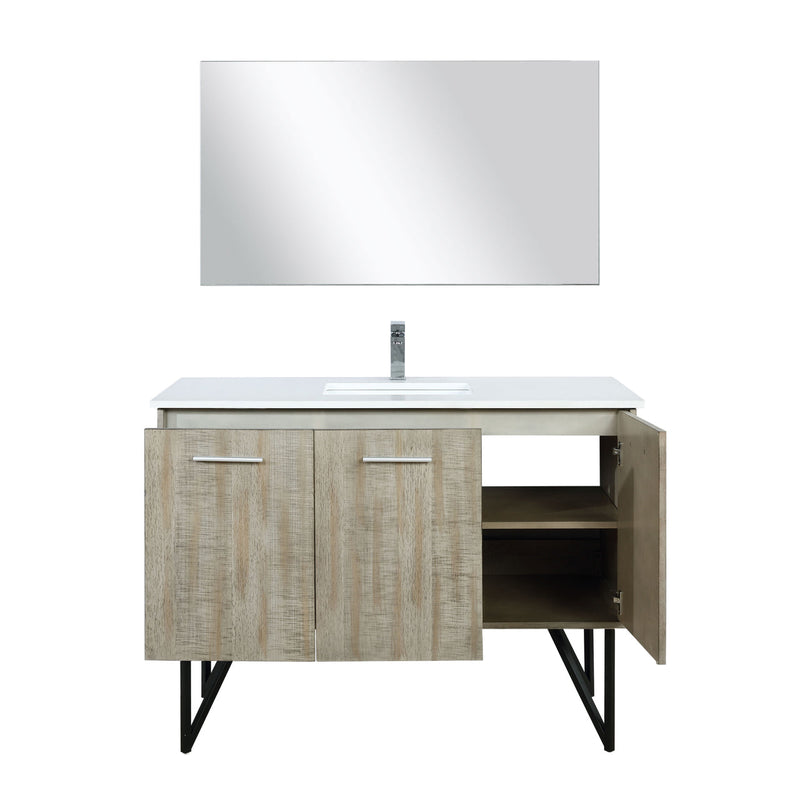 Lexora Lancy 48" Rustic Acacia Bathroom Vanity, White Quartz Top, White Square Sink, Labaro Brushed Nickel Faucet Set, and 43" Frameless Mirror LLC48SKSOSM43FBN