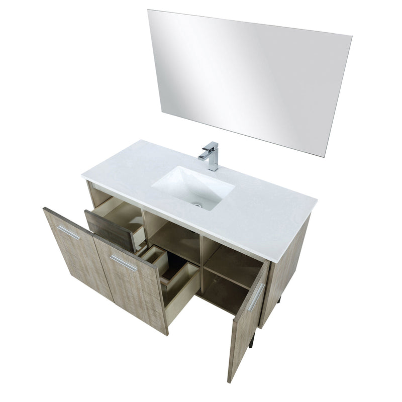 Lexora Lancy 48" Rustic Acacia Bathroom Vanity, White Quartz Top, White Square Sink, Labaro Brushed Nickel Faucet Set, and 43" Frameless Mirror LLC48SKSOSM43FBN