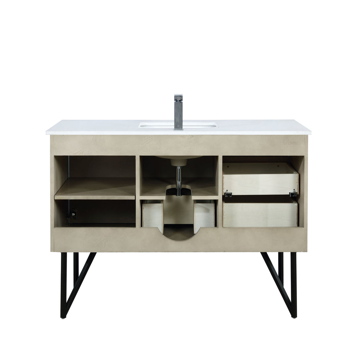 Lexora Lancy 48" Rustic Acacia Bathroom Vanity, White Quartz Top, White Square Sink, Labaro Rose Gold Faucet Set, and 43" Frameless Mirror LLC48SKSOSM43FRG - MyBBQDirect