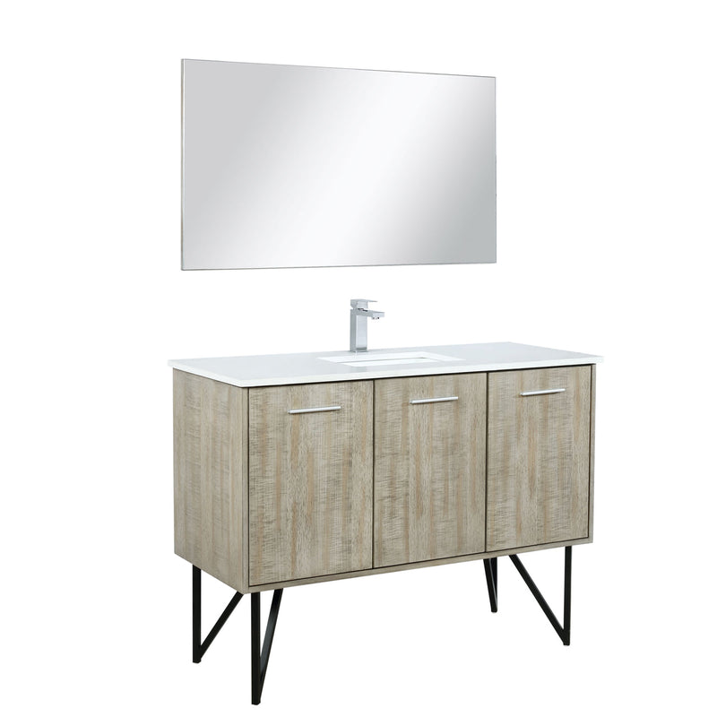 Lexora Lancy 48" Rustic Acacia Bathroom Vanity, White Quartz Top, White Square Sink, Labaro Rose Gold Faucet Set, and 43" Frameless Mirror LLC48SKSOSM43FRG