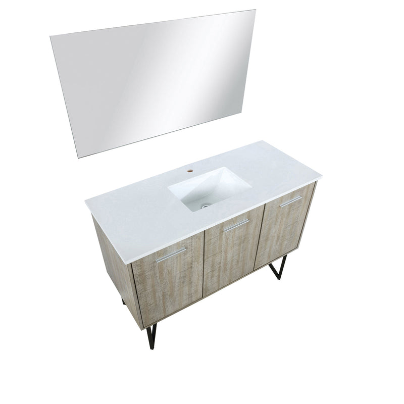 Lexora Lancy 48" Rustic Acacia Bathroom Vanity, White Quartz Top, White Square Sink, and 43" Frameless Mirro LLC48SKSOSM43