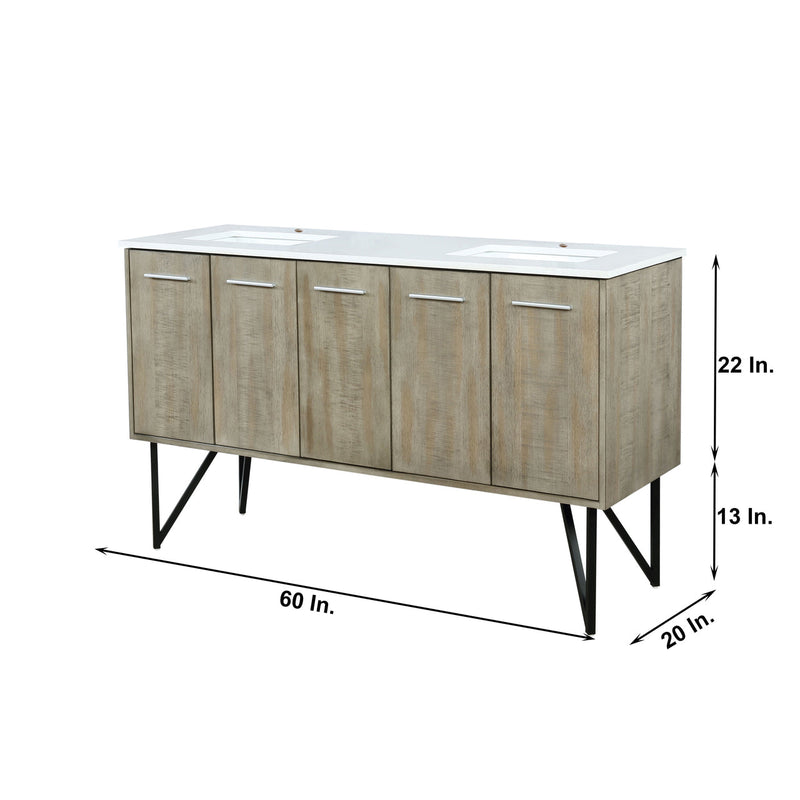 Lexora Lancy 60" Rustic Acacia Double Bathroom Vanity, White Quartz Top, and White Square Sinks LLC60DKSOS000