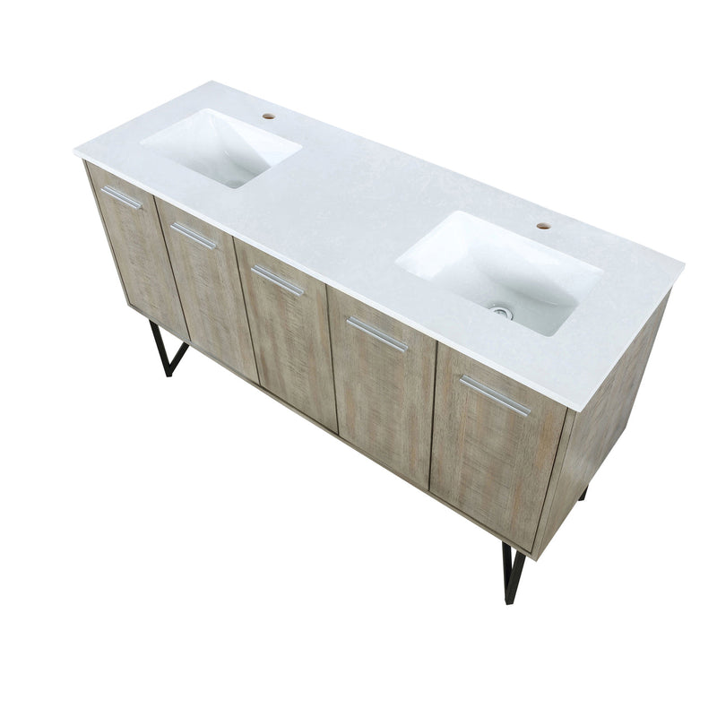 Lexora Lancy 60" Rustic Acacia Double Bathroom Vanity, White Quartz Top, and White Square Sinks LLC60DKSOS000