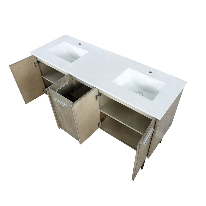 Lexora Lancy 60" Rustic Acacia Double Bathroom Vanity, White Quartz Top, and White Square Sinks LLC60DKSOS000