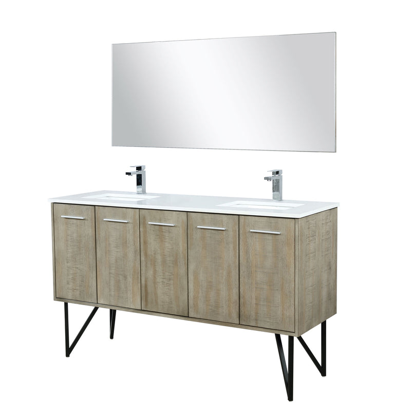 Lexora  Lancy 60" Rustic Acacia Double Bathroom Vanity, White Quartz Top,White Square Sinks, Labaro Rose Gold Faucet Set, and 55" Frameless Mirror LLC60DKSOSM55FRG