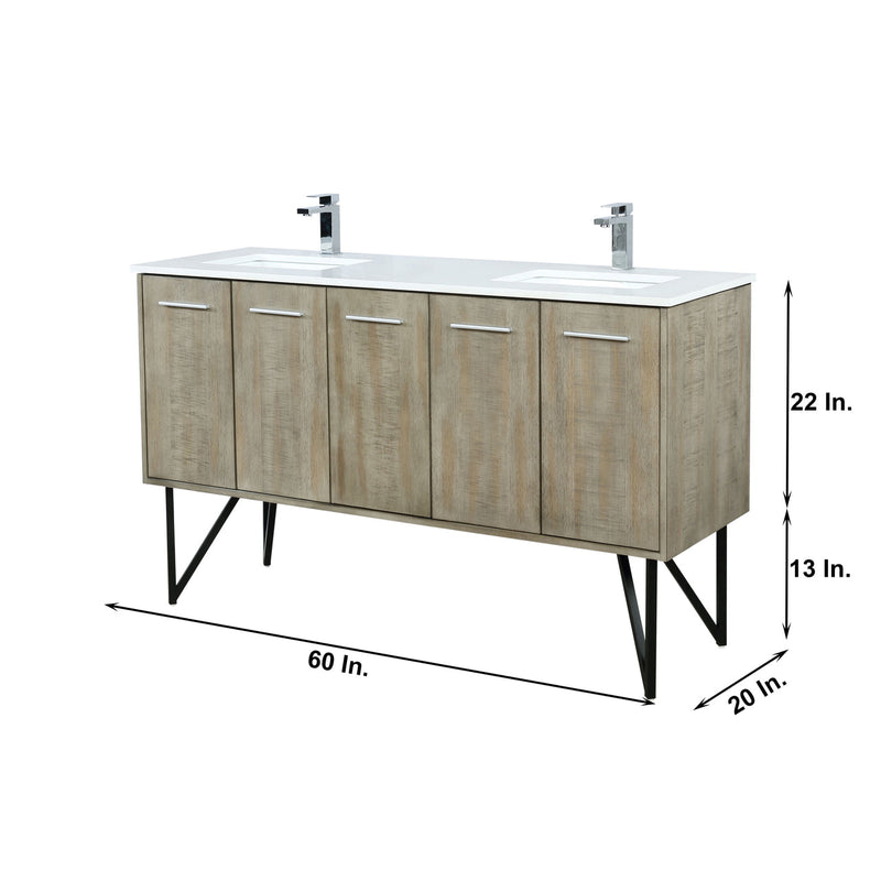 Lexora  Lancy 60" Rustic Acacia Double Bathroom Vanity, White Quartz Top,White Square Sinks, Labaro Rose Gold Faucet Set, and 55" Frameless Mirror LLC60DKSOSM55FRG