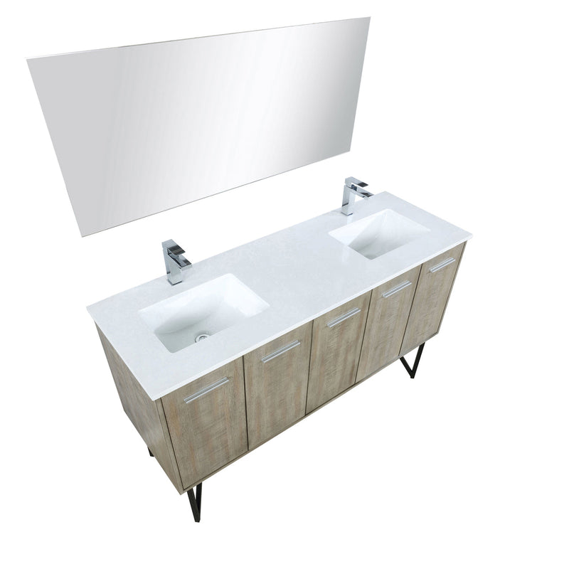 Lexora  Lancy 60" Rustic Acacia Double Bathroom Vanity, White Quartz Top,White Square Sinks, Labaro Rose Gold Faucet Set, and 55" Frameless Mirror LLC60DKSOSM55FRG