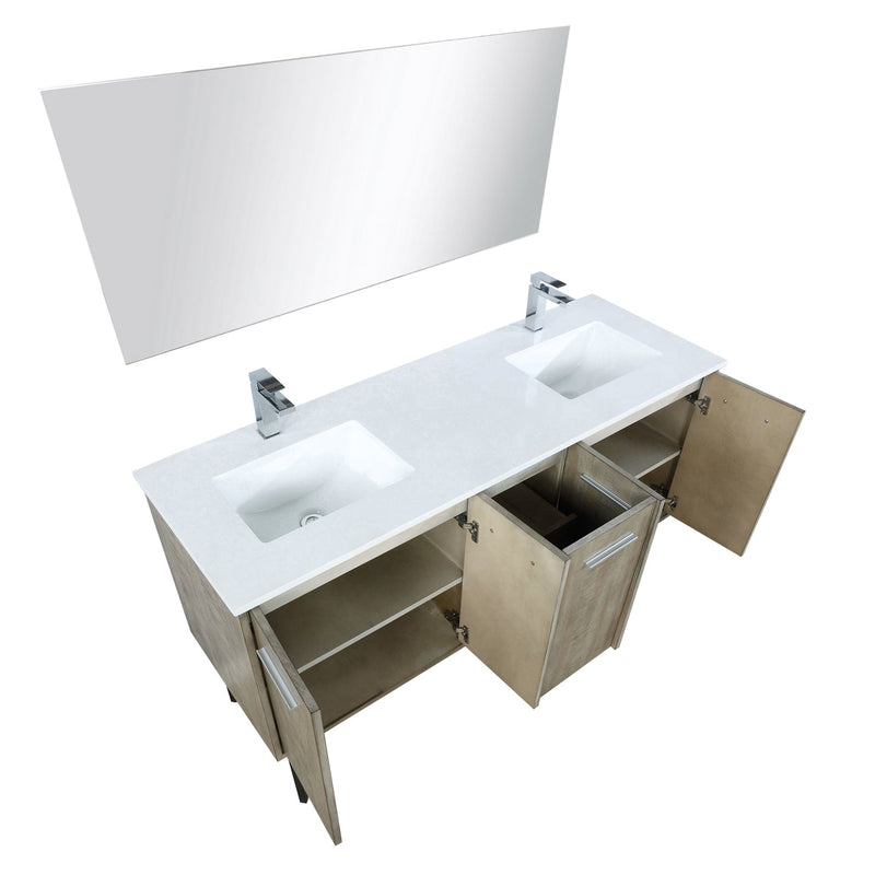 Lexora  Lancy 60" Rustic Acacia Double Bathroom Vanity, White Quartz Top,White Square Sinks, Labaro Rose Gold Faucet Set, and 55" Frameless Mirror LLC60DKSOSM55FRG