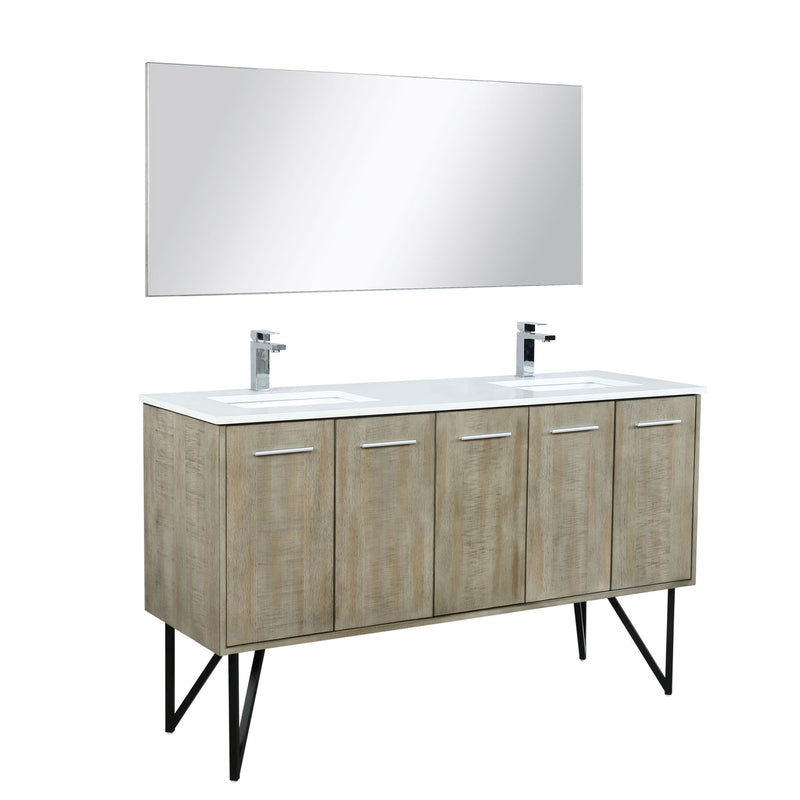 Lexora  Lancy 60" Rustic Acacia Double Bathroom Vanity, White Quartz Top, White Square Sinks, Labaro Brushed Nickel Faucet Set, and 55" Frameless Mirror LLC60DKSOSM55FBN