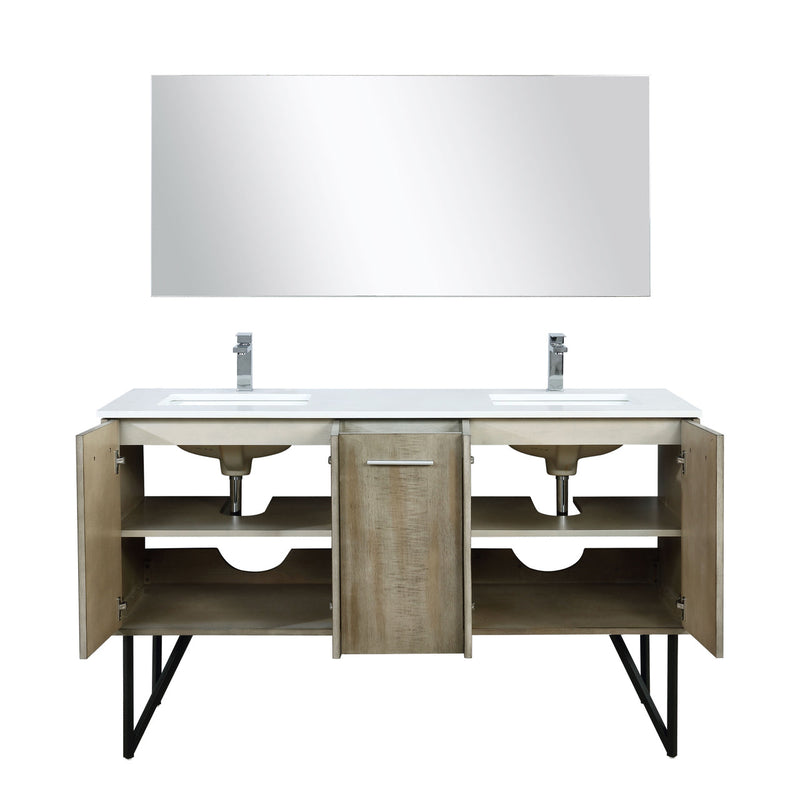 Lexora  Lancy 60" Rustic Acacia Double Bathroom Vanity, White Quartz Top, White Square Sinks, Balzani Gun Metal Faucet Set, and 55" Frameless Mirror LLC60DKSOSM55FGM