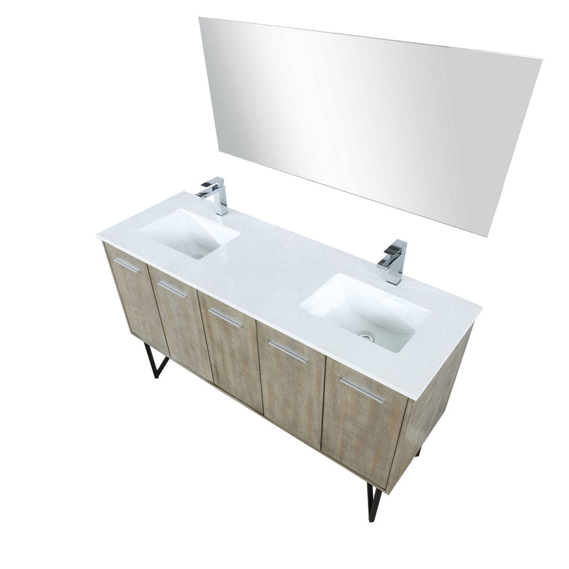 Lexora  Lancy 60" Rustic Acacia Double Bathroom Vanity, White Quartz Top, White Square Sinks, Balzani Gun Metal Faucet Set, and 55" Frameless Mirror LLC60DKSOSM55FGM