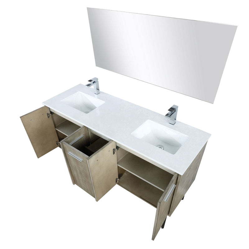 Lexora  Lancy 60" Rustic Acacia Double Bathroom Vanity, White Quartz Top, White Square Sinks, Balzani Gun Metal Faucet Set, and 55" Frameless Mirror LLC60DKSOSM55FGM