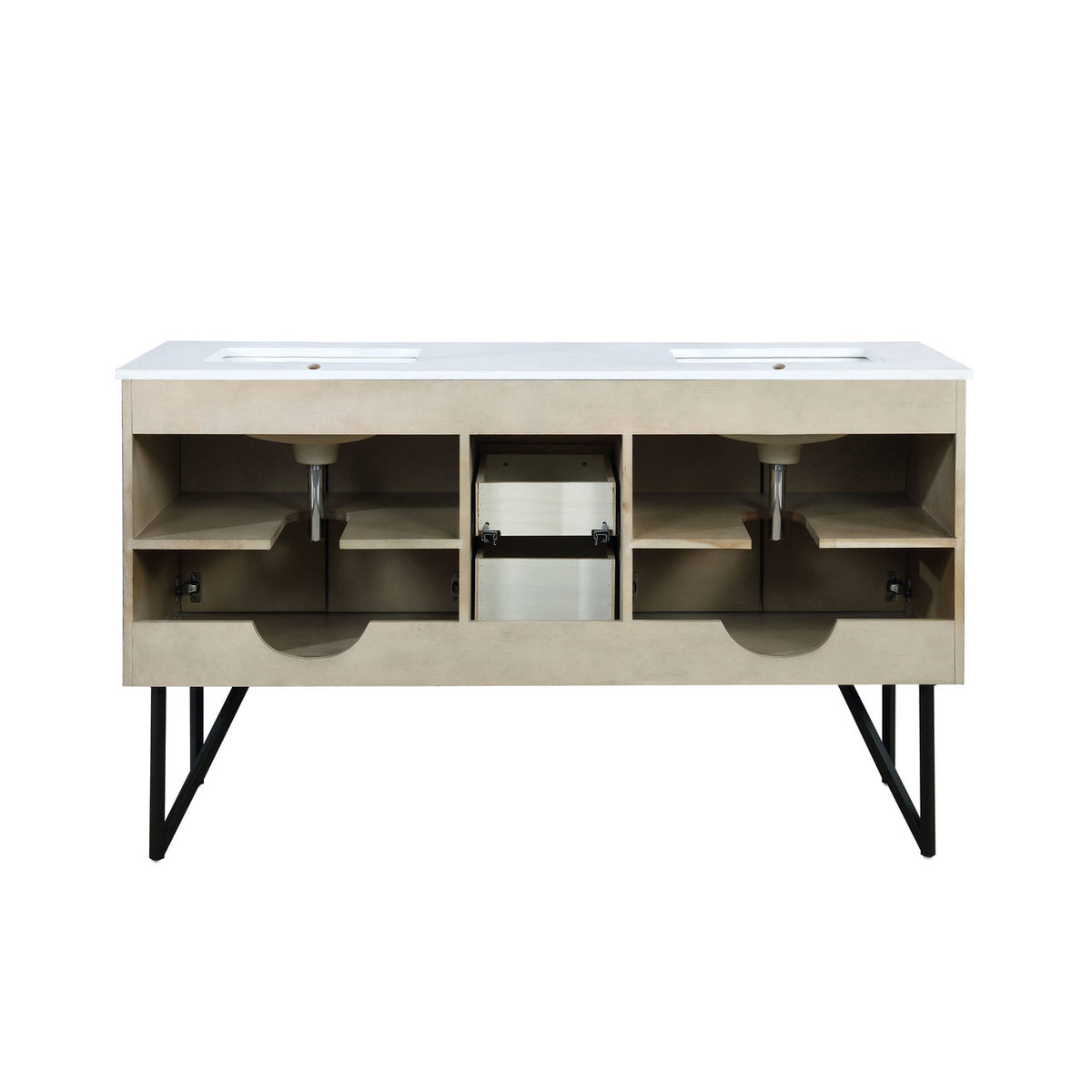 Lexora Lancy 60" Rustic Acacia Double Bathroom Vanity, White Quartz Top, White Square Sinks, and 55" Frameless Mirror LLC60DKSOSM55 - MyBBQDirect