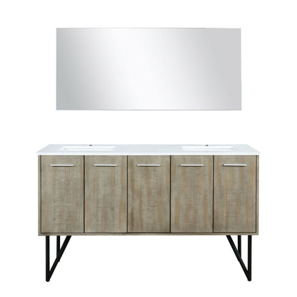 Lexora Lancy 60" Rustic Acacia Double Bathroom Vanity, White Quartz Top, White Square Sinks, and 55" Frameless Mirror LLC60DKSOSM55 - MyBBQDirect