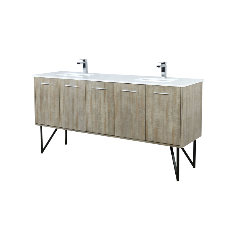 Lexora Lancy 72" Rustic Acacia Double Bathroom Vanity, White Quartz Top, White Square Sinks, and Balzani Gun Metal Faucet Set LLC72DKSOS000FGM