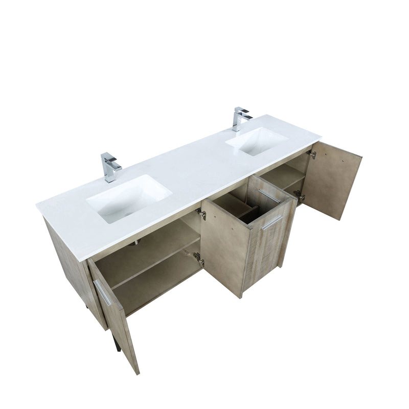 Lexora Lancy 72" Rustic Acacia Double Bathroom Vanity, White Quartz Top, White Square Sinks, and Balzani Gun Metal Faucet Set LLC72DKSOS000FGM