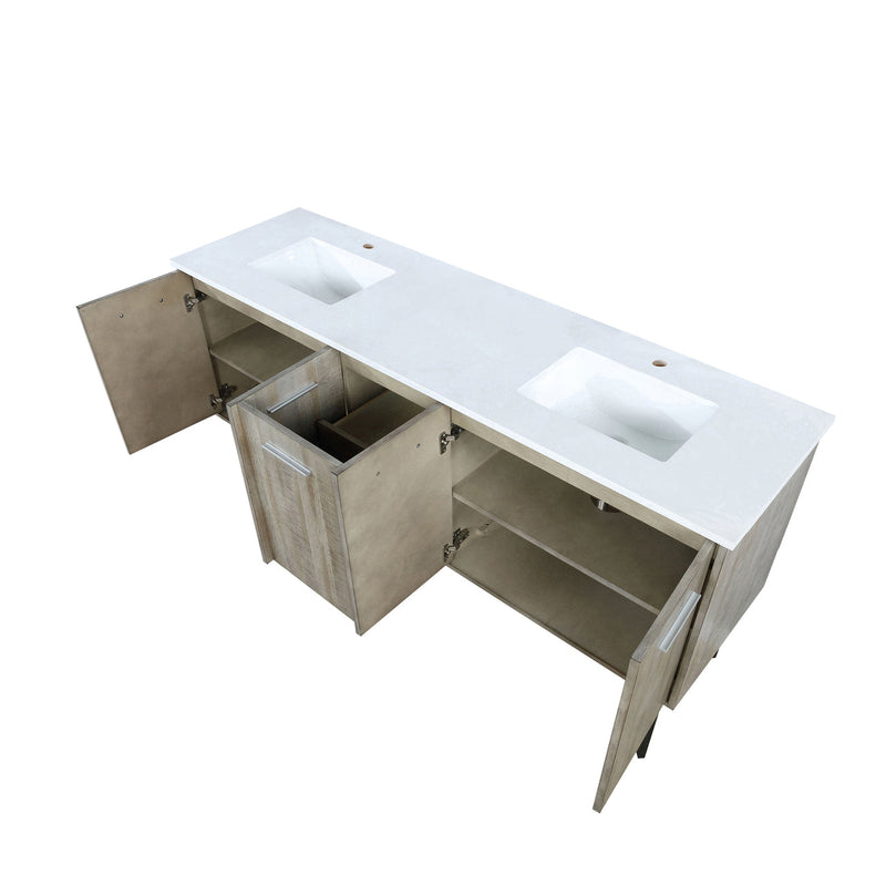 Lexora  Lancy 72" Rustic Acacia Double Bathroom Vanity, White Quartz Top, and White Square Sinks LLC72DKSOS000