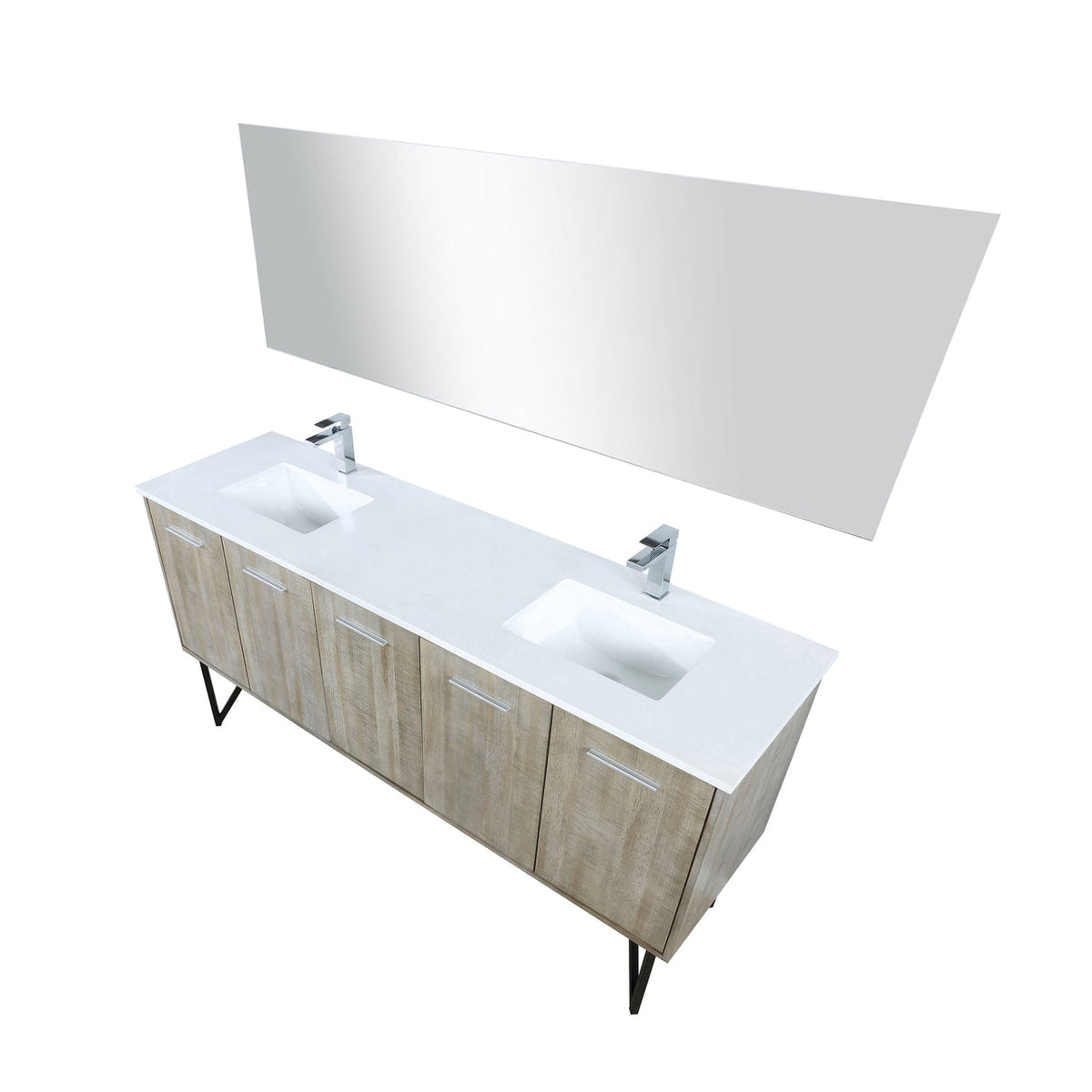 Lexora  Lancy 72" Rustic Acacia Double Bathroom Vanity, White Quartz Top, White Square Sinks, Labaro Brushed Nickel Faucet Set, and 70" Frameless Mirror LLC72DKSOSM70FBN - MyBBQDirect