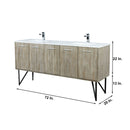 Lexora Lancy 72" Rustic Acacia Double Bathroom Vanity, White Quartz Top, White Square Sinks, Balzani Gun Metal Faucet Set, and 70" Frameless Mirror LLC72DKSOSM70FGM