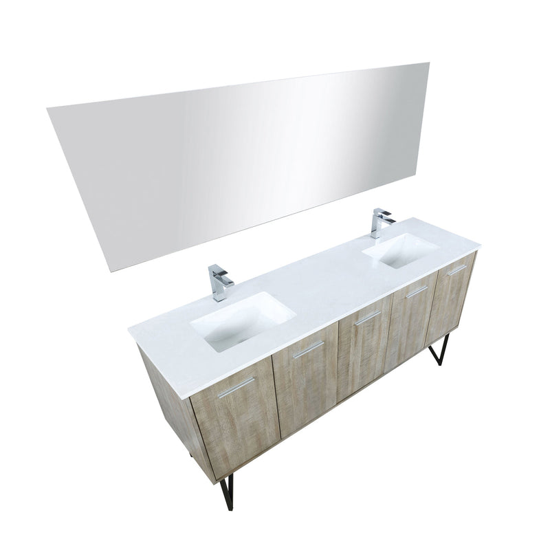 Lexora Lancy 72" Rustic Acacia Double Bathroom Vanity, White Quartz Top, White Square Sinks, Balzani Gun Metal Faucet Set, and 70" Frameless Mirror LLC72DKSOSM70FGM