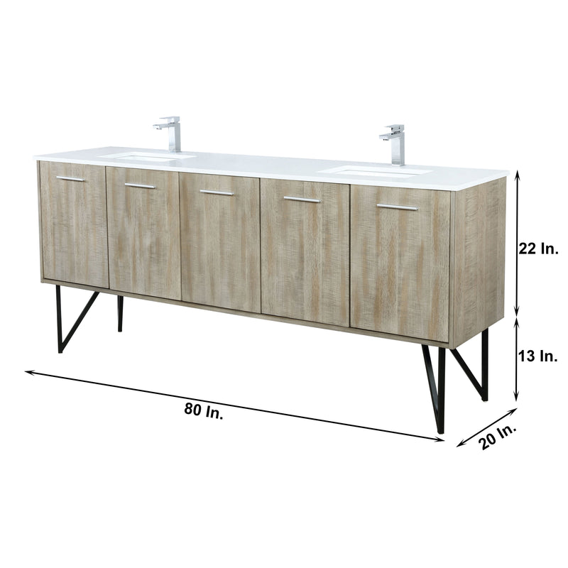 Lexora Lancy 80" Rustic Acacia Double Bathroom Vanity, White Quartz Top, White Square Sinks, and Labaro Brushed Nickel Faucet Set LLC80DKSOS000FBN