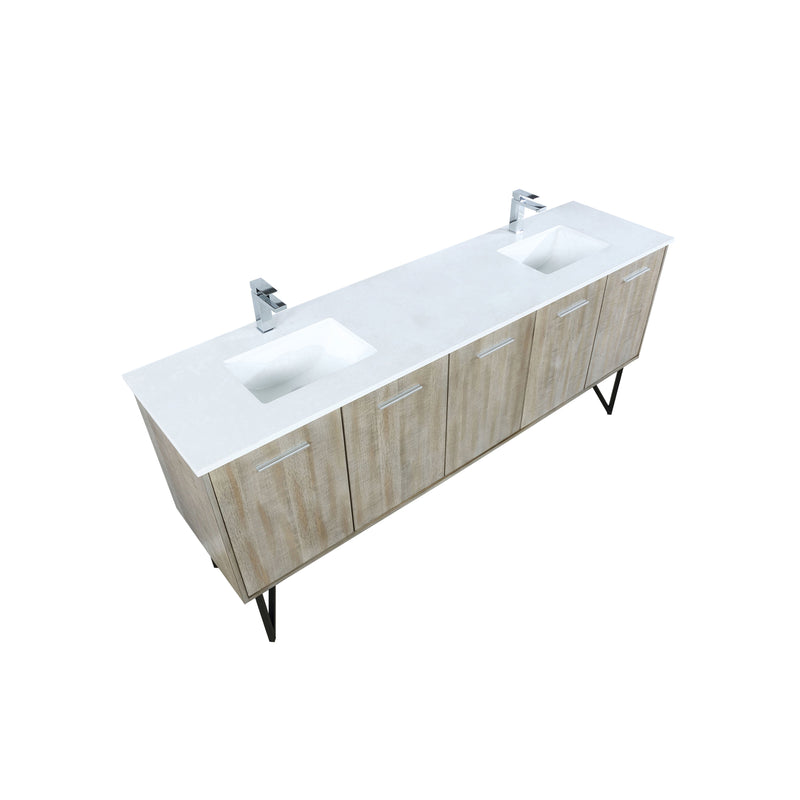 Lexora Lancy 80" Rustic Acacia Double Bathroom Vanity, White Quartz Top, White Square Sinks, and Labaro Brushed Nickel Faucet Set LLC80DKSOS000FBN