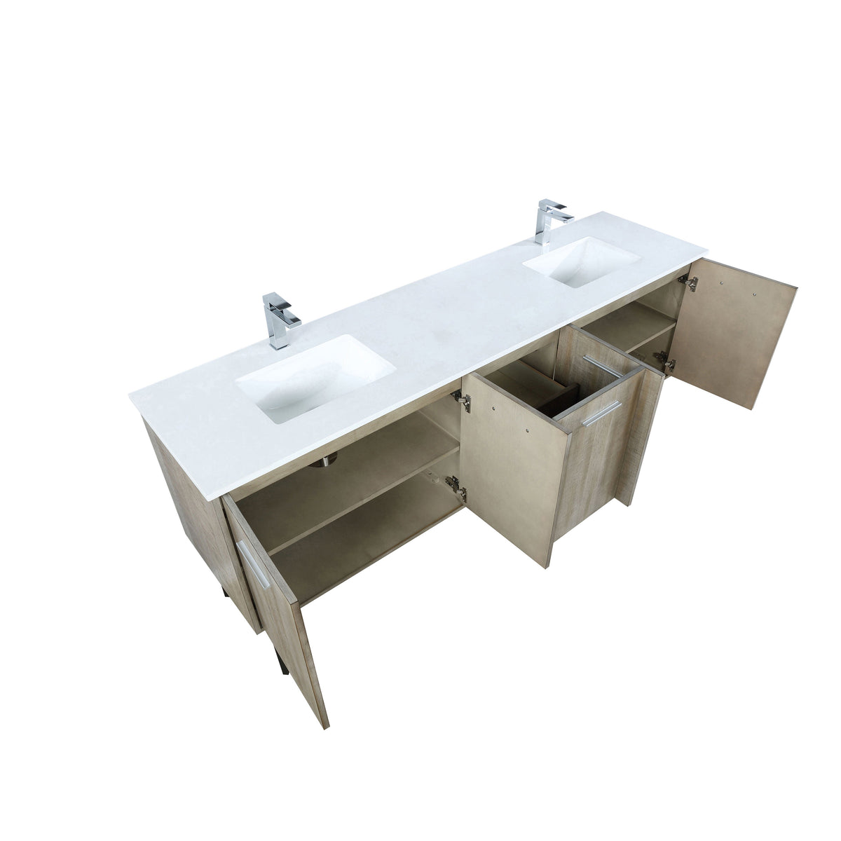Lexora Lancy 80" Rustic Acacia Double Bathroom Vanity, White Quartz Top, White Square Sinks, and Labaro Brushed Nickel Faucet Set LLC80DKSOS000FBN - MyBBQDirect