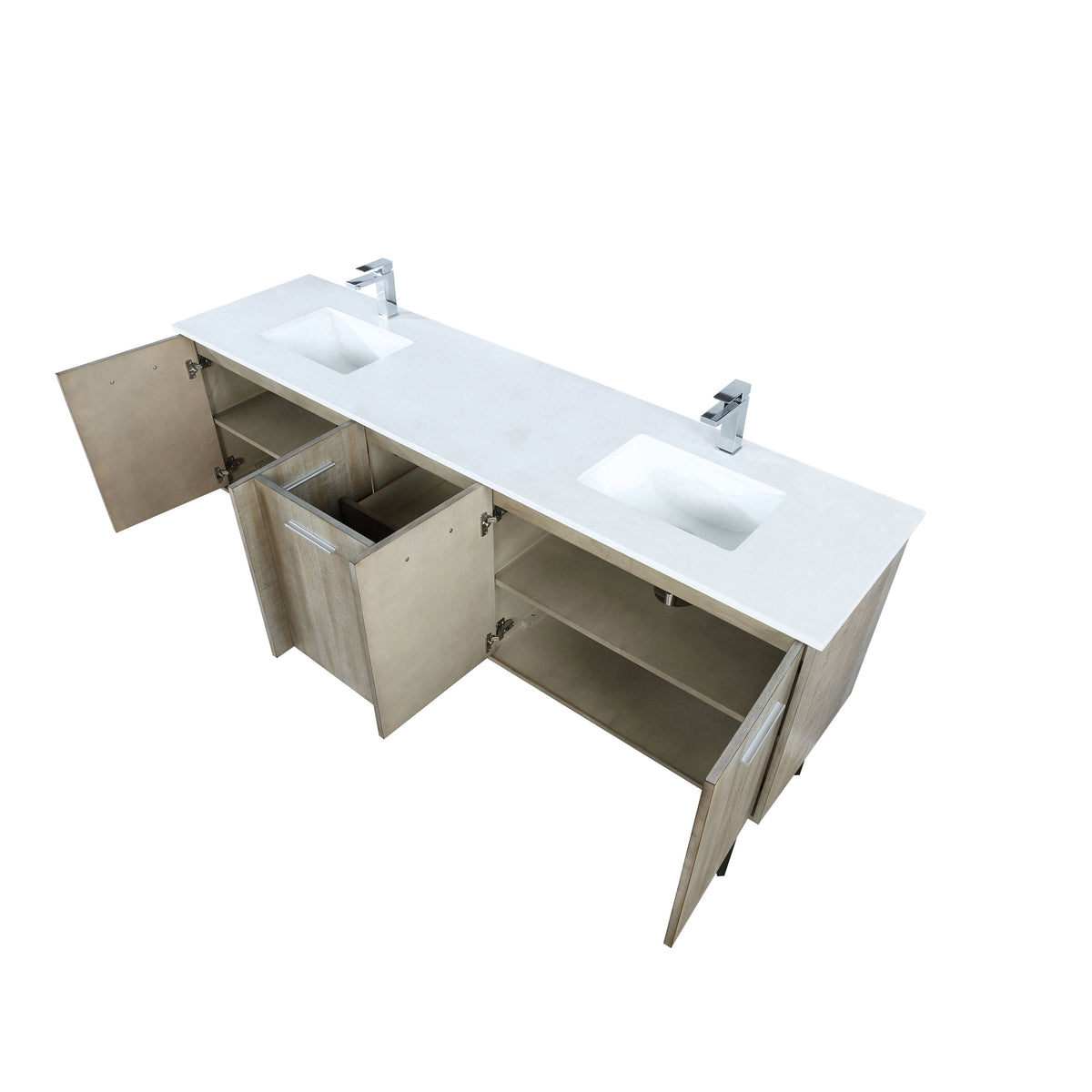 Lexora Lancy 80" Rustic Acacia Double Bathroom Vanity, White Quartz Top, White Square Sinks, and Labaro Brushed Nickel Faucet Set LLC80DKSOS000FBN - MyBBQDirect