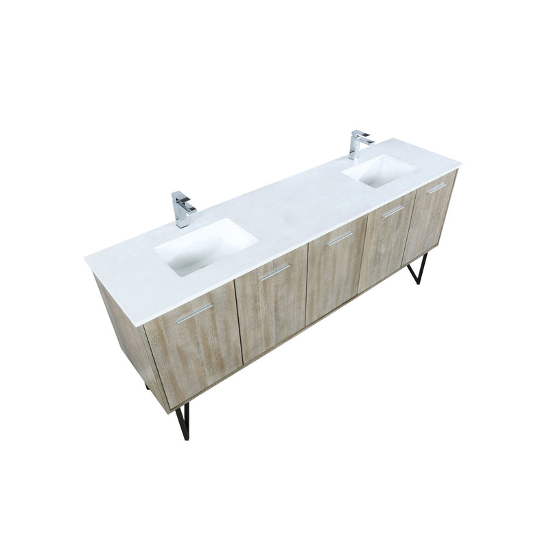 Lexora Lancy 80" Rustic Acacia Double Bathroom Vanity, White Quartz Top, White Square Sinks, and Balzani Gun Metal Faucet Set LLC80DKSOS000FGM