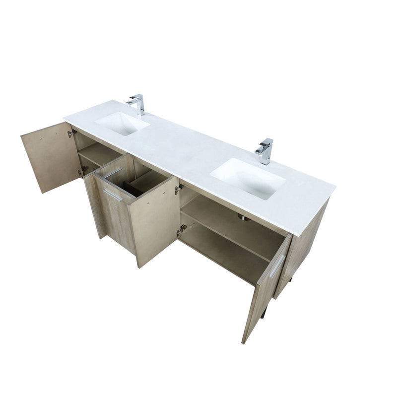 Lexora Lancy 80" Rustic Acacia Double Bathroom Vanity, White Quartz Top, White Square Sinks, and Balzani Gun Metal Faucet Set LLC80DKSOS000FGM