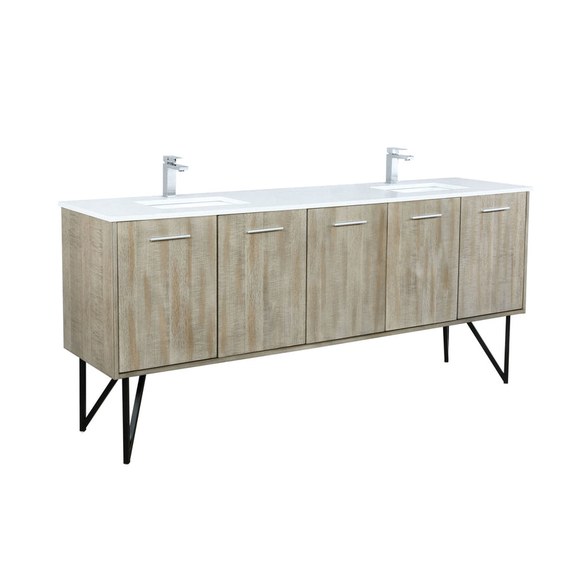 Lexora Lancy 80" Rustic Acacia Double Bathroom Vanity, White Quartz Top, White Square Sinks, and Balzani Gun Metal Faucet Set LLC80DKSOS000FGM