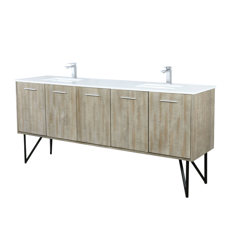 Lexora Lancy 80" Rustic Acacia Double Bathroom Vanity, White Quartz Top, White Square Sinks, and Labaro Rose Gold Faucet Set LLC80DKSOS000FRG