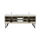 Lexora Lancy 80" Rustic Acacia Double Bathroom Vanity, White Quartz Top, White Square Sinks, Labaro Brushed Nickel Faucet Set, and 70" Frameless Mirror LLC80DKSOSM70FBN