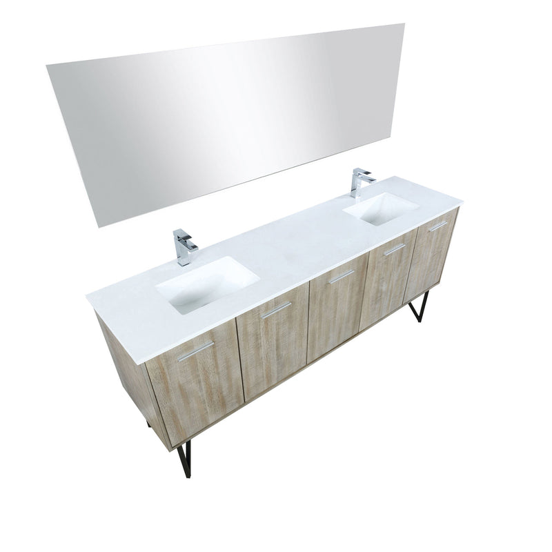 Lexora Lancy 80" Rustic Acacia Double Bathroom Vanity, White Quartz Top, White Square Sinks, Labaro Brushed Nickel Faucet Set, and 70" Frameless Mirror LLC80DKSOSM70FBN