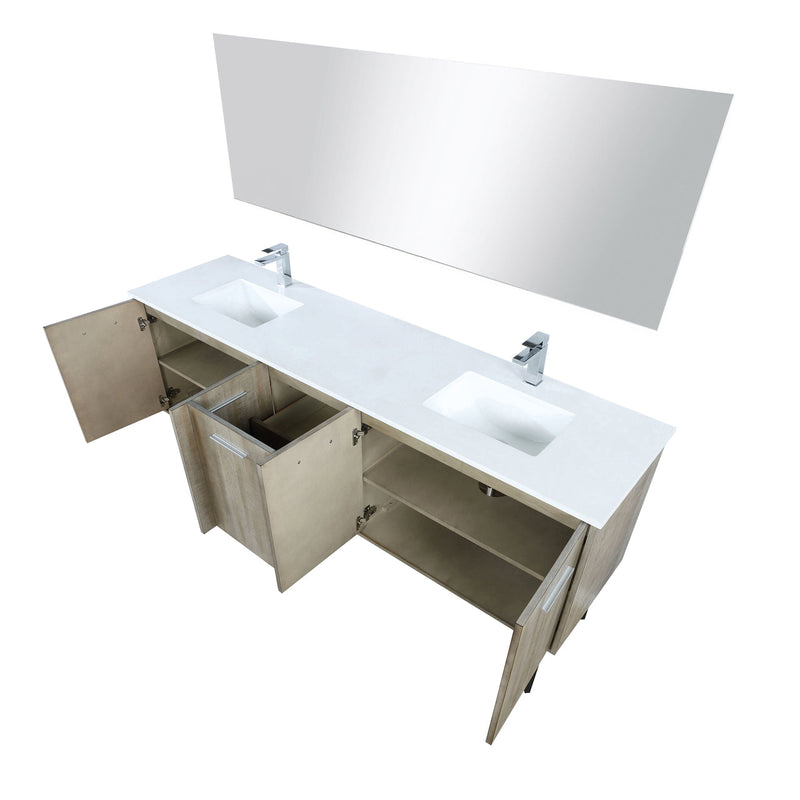 Lexora Lancy 80" Rustic Acacia Double Bathroom Vanity, White Quartz Top, White Square Sinks, Labaro Brushed Nickel Faucet Set, and 70" Frameless Mirror LLC80DKSOSM70FBN