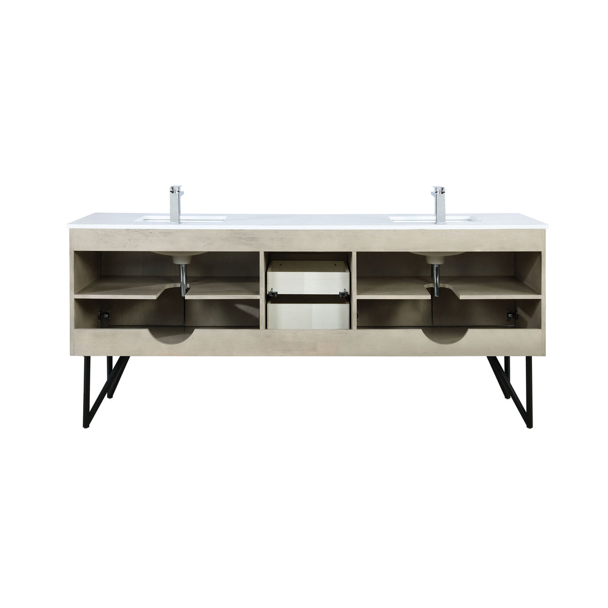 Lexora Lancy 80" Rustic Acacia Double Bathroom Vanity, White Quartz Top, White Square Sinks, Balzani Gun Metal Faucet Set, and 70" Frameless Mirror LLC80DKSOSM70FGM - MyBBQDirect