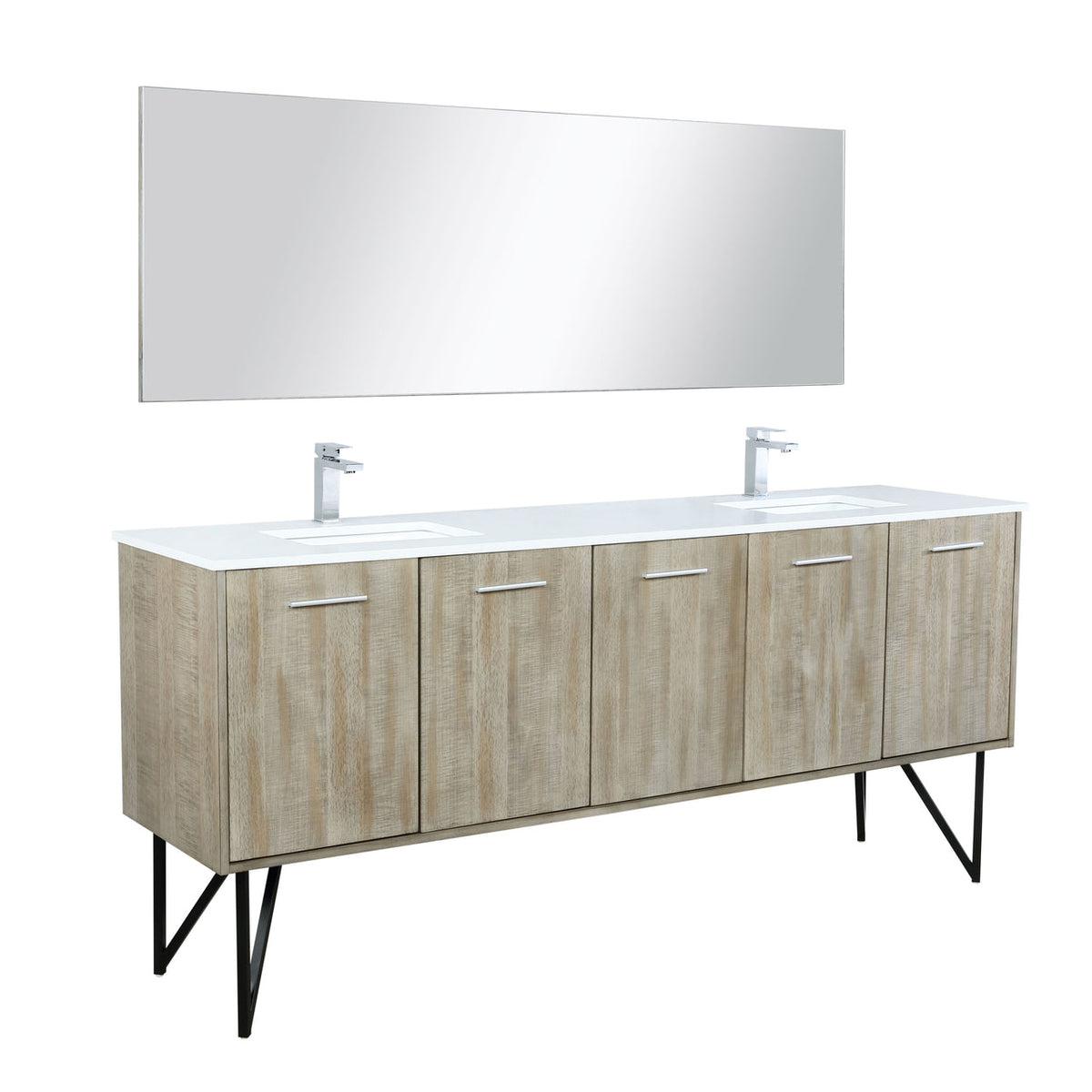 Lexora Lancy 80" Rustic Acacia Double Bathroom Vanity, White Quartz Top, White Square Sinks, Balzani Gun Metal Faucet Set, and 70" Frameless Mirror LLC80DKSOSM70FGM - MyBBQDirect