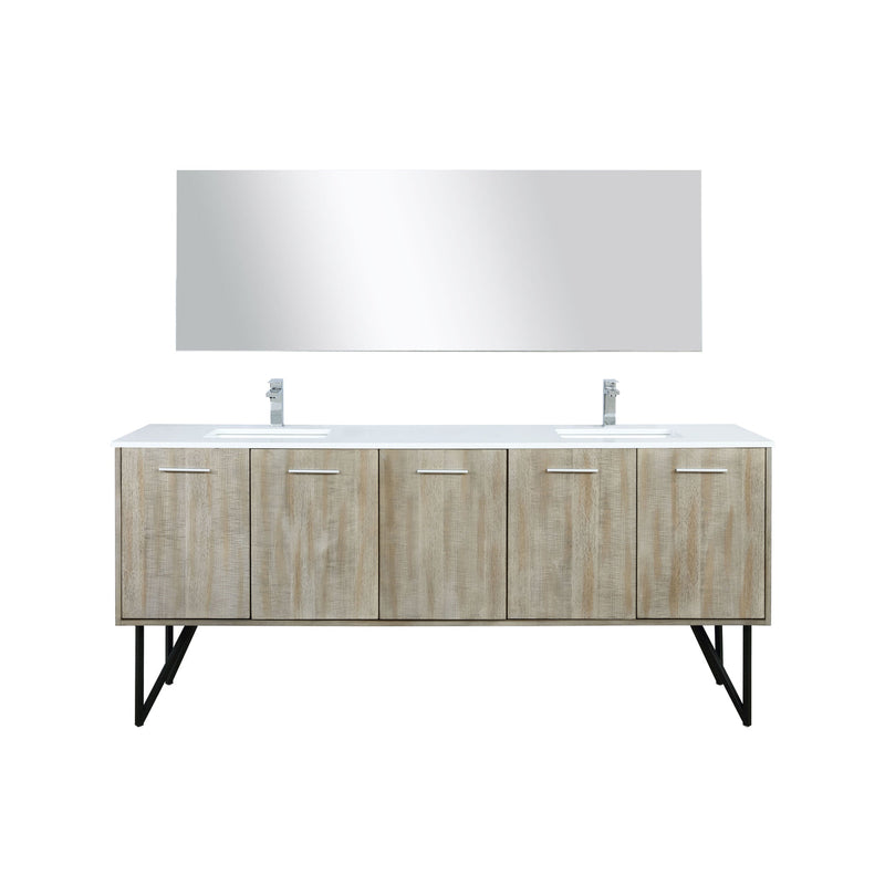 Lexora Lancy 80" Rustic Acacia Double Bathroom Vanity, White Quartz Top, White Square Sinks, Labaro Rose Gold Faucet Set, and 70" Frameless Mirror LLC80DKSOSM70FRG