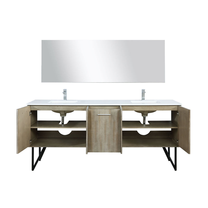 Lexora Lancy 80" Rustic Acacia Double Bathroom Vanity, White Quartz Top, White Square Sinks, Labaro Rose Gold Faucet Set, and 70" Frameless Mirror LLC80DKSOSM70FRG