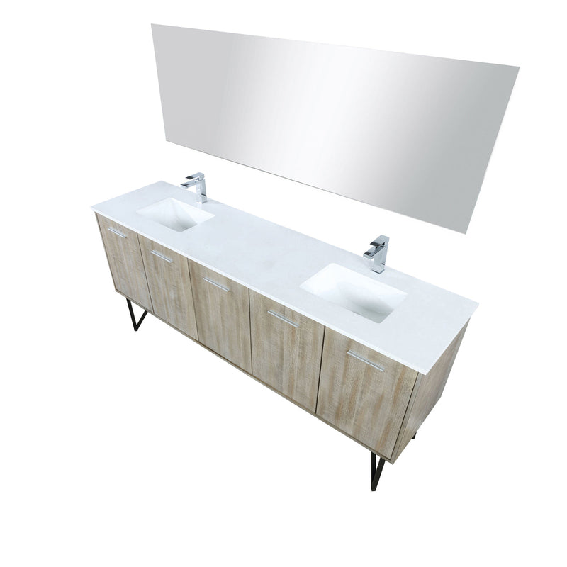 Lexora Lancy 80" Rustic Acacia Double Bathroom Vanity, White Quartz Top, White Square Sinks, Labaro Rose Gold Faucet Set, and 70" Frameless Mirror LLC80DKSOSM70FRG