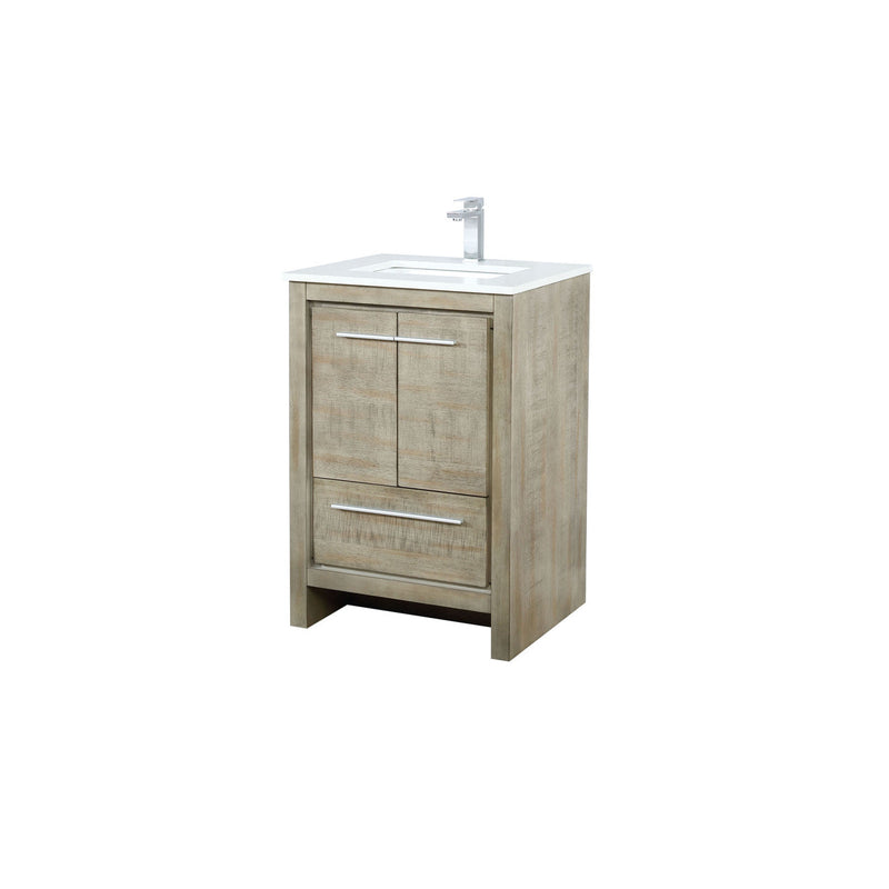 Lexora Lancy 24" Rustic Acacia Bathroom Vanity, White Quartz Top, White Square Sink, and Balzani Gun Metal Faucet Set LLC24SKSOS000FGM