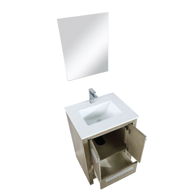 Lexora Lafarre 24" Rustic Acacia Bathroom Vanity, White Quartz Top, White Square Sink, Balzani Gun Metal Faucet Set, and 18" Frameless Mirror LLF24SKSOSM18FGM
