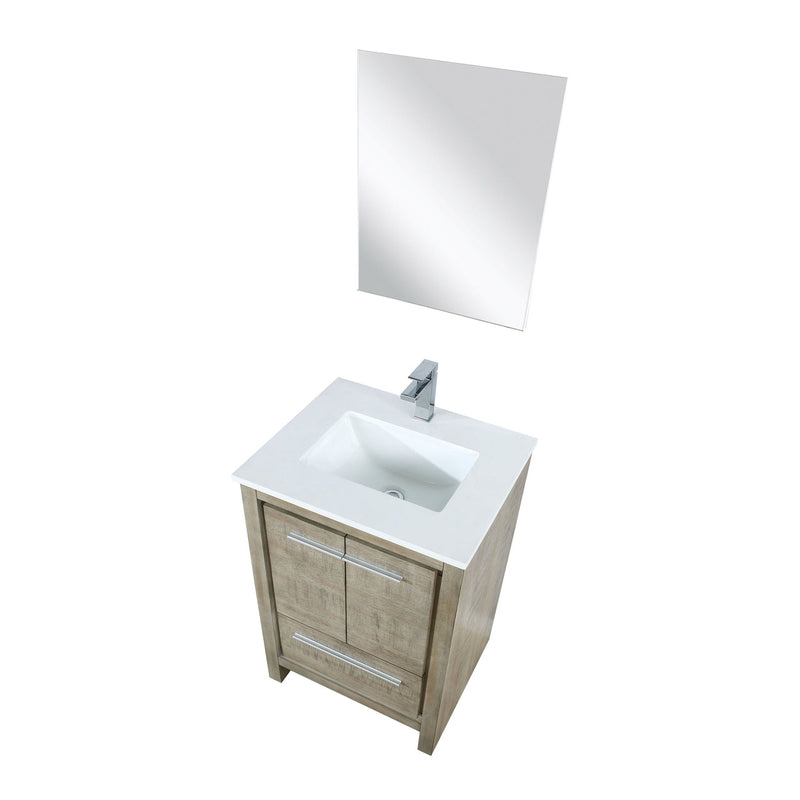 Lexora Lafarre 24" Rustic Acacia Bathroom Vanity, White Quartz Top, White Square Sink, Balzani Gun Metal Faucet Set, and 18" Frameless Mirror LLF24SKSOSM18FGM