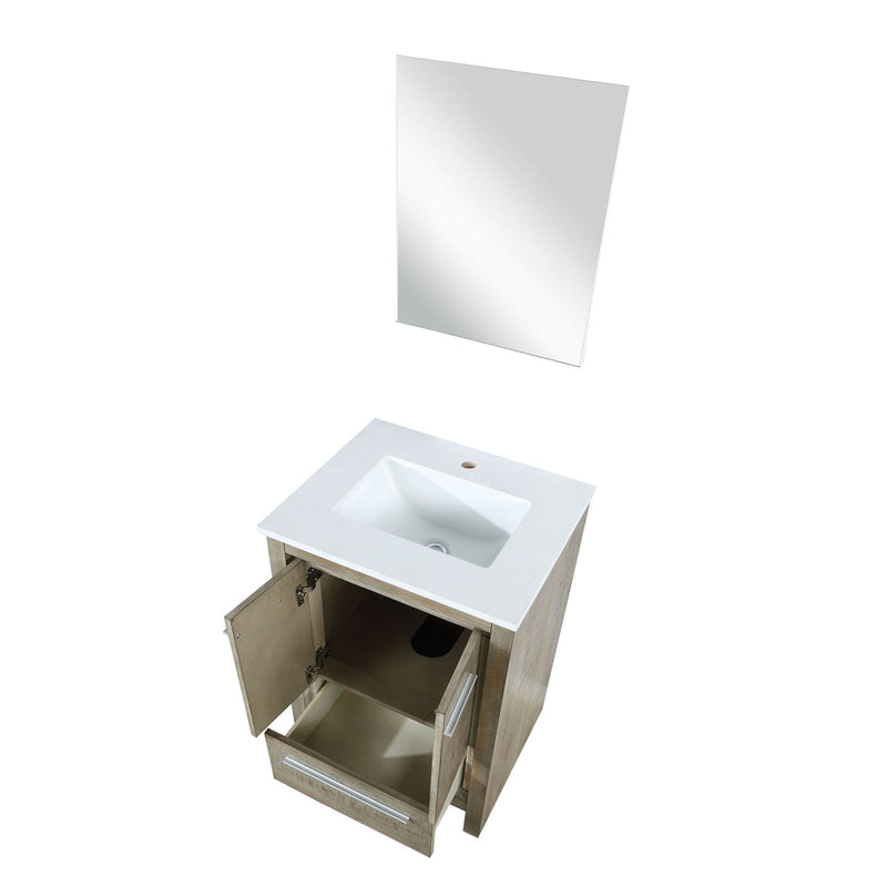 Lexora Lafarre 24" Rustic Acacia Bathroom Vanity, White Quartz Top, White Square Sink, and 18" Frameless Mirror LLF24SKSOSM18