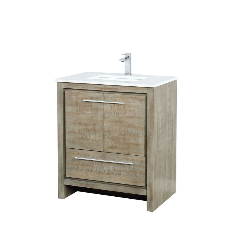 Lexora Lafarre 30" Rustic Acacia Bathroom Vanity, White Quartz Top, White Square Sink, and Labaro Brushed Nickel Faucet Set  LLF30SKSOS000FBN